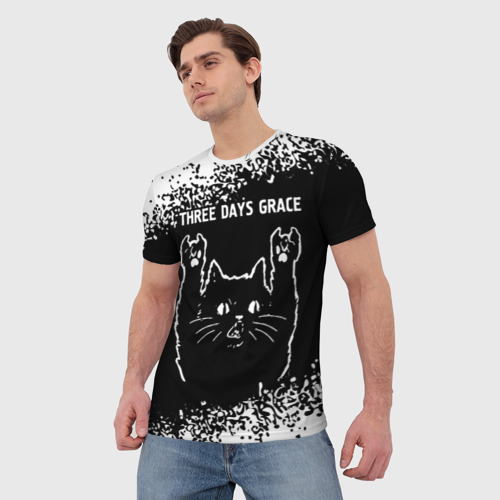 Мужская футболка 3D с принтом Группа Three Days Grace и Рок Кот, фото на моделе #1