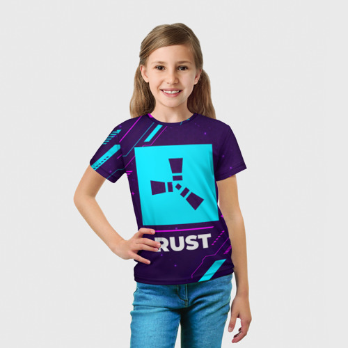 Детская футболка 3D с принтом Символ Rust в неоновых цветах на темном фоне, вид сбоку #3