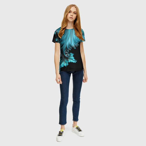 Женская футболка 3D с принтом Чёрно-голубой неоновый фрактал, вид сбоку #3