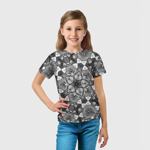 Детская футболка 3D с принтом Черно-белый геометрический мозаичный узор, вид сбоку #3