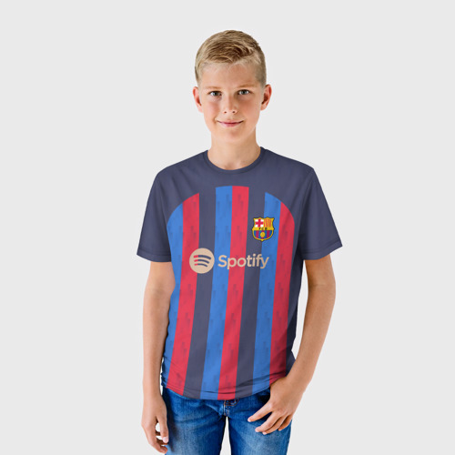 Детская футболка 3D с принтом Барселона 22-23, фото на моделе #1