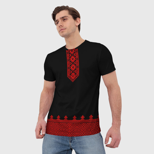 Мужская футболка 3D с принтом Черная славянская рубаха вышиванка, фото на моделе #1