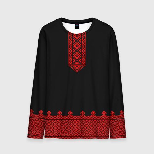 Мужской лонгслив 3D с принтом Черная славянская рубаха вышиванка, вид спереди #2