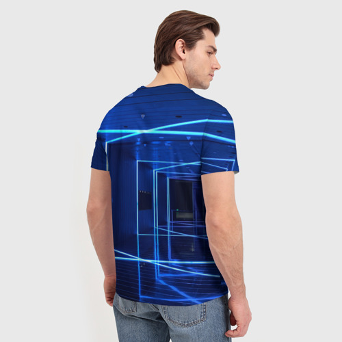 Мужская футболка 3D с принтом Неоновый абстрактный синий коридор, вид сзади #2