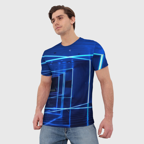 Мужская футболка 3D с принтом Неоновый абстрактный синий коридор, фото на моделе #1