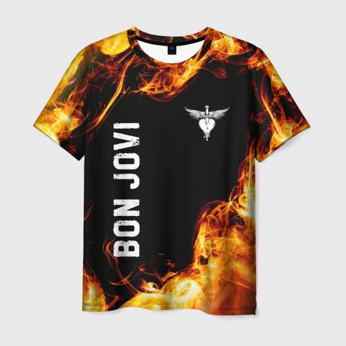 Мужская футболка 3D с принтом Bon Jovi и Пылающий Огонь, вид спереди #2
