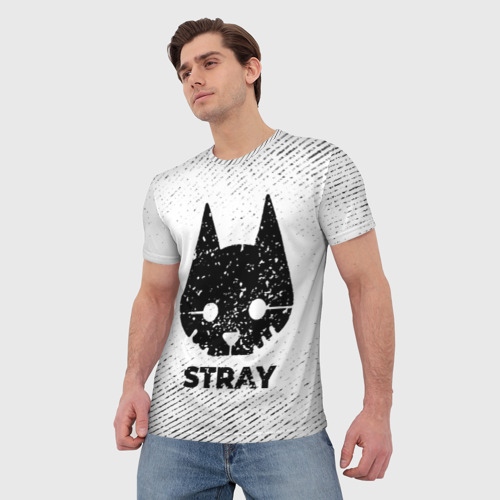 Мужская футболка 3D с принтом Stray с потертостями на светлом фоне, фото на моделе #1