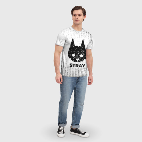 Мужская футболка 3D с принтом Stray с потертостями на светлом фоне, вид сбоку #3