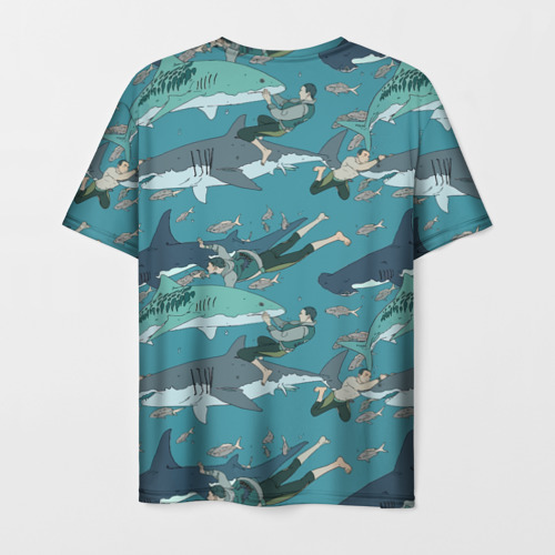 Мужская 3D футболка с принтом Ныряльщики и акулы - паттерн, вид сзади #1