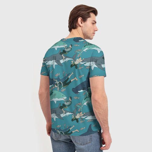 Мужская 3D футболка с принтом Ныряльщики и акулы - паттерн, вид сзади #2