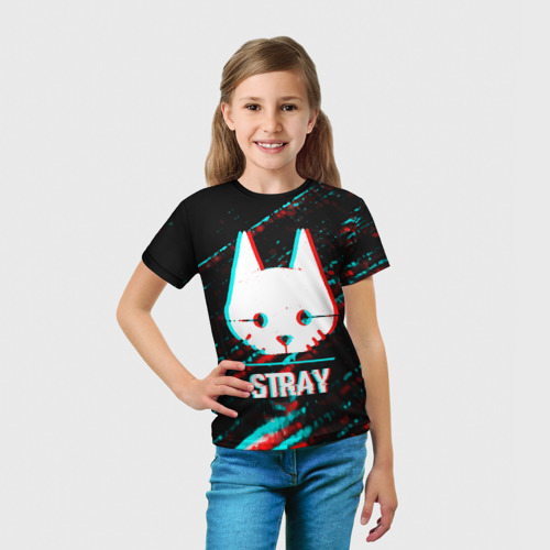 Детская футболка 3D с принтом Stray в стиле glitch и баги графики на темном фоне, вид сбоку #3