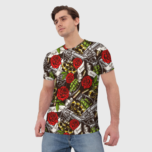 Мужская футболка 3D с принтом Мафия - кастеты, гранаты, пистолеты и розы, фото на моделе #1