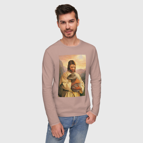 Мужской лонгслив хлопок с принтом Иисус и капибара, фото на моделе #1