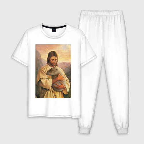 Мужская пижама хлопок с принтом Иисус и капибара, вид спереди #2