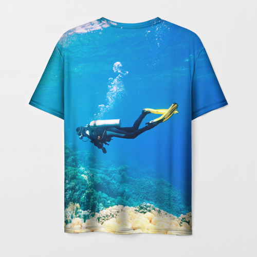 Мужская футболка 3D с принтом Аквалангист исследует коралловый риф, вид сзади #1