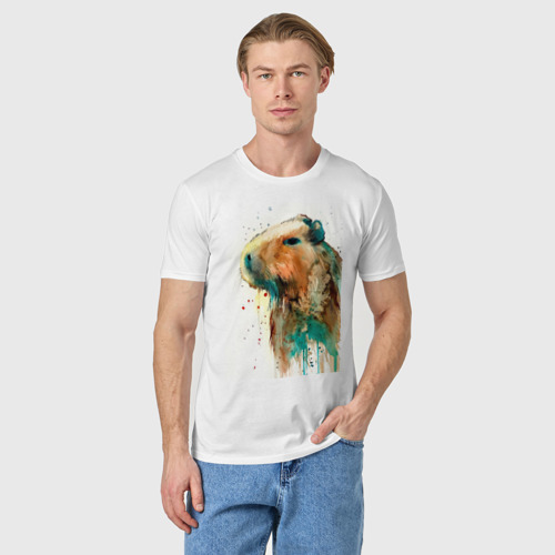 Мужская футболка хлопок с принтом Капибара акварельная живопись, фото на моделе #1
