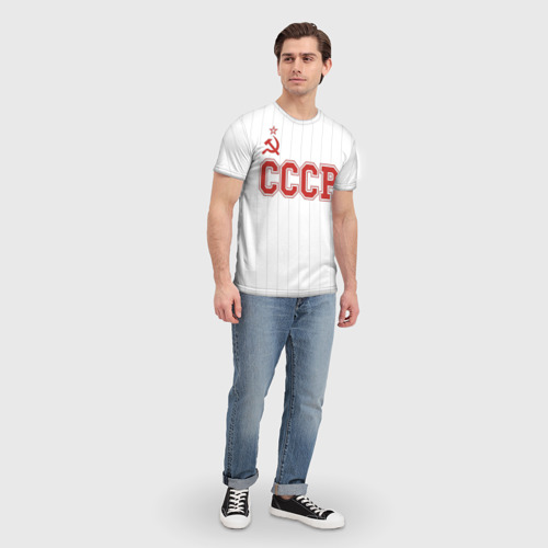 Мужская футболка 3D с принтом СССР на белом с полосами - Союз Советских Социалистических Республик, вид сбоку #3