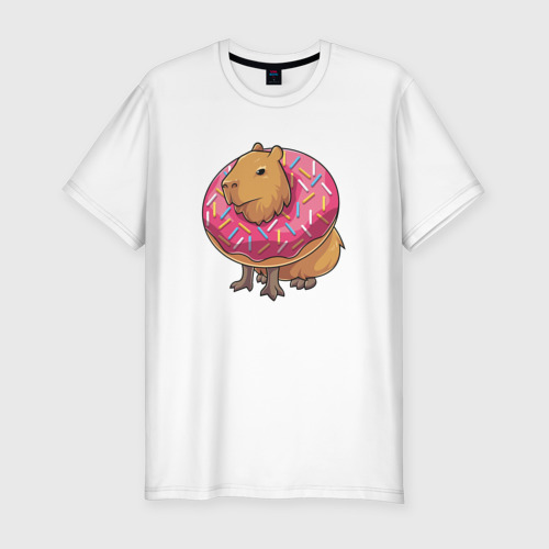 Мужская футболка хлопок Slim с принтом Капибара и пончик, вид спереди #2