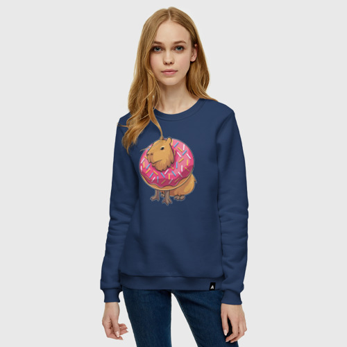 Женский свитшот хлопок с принтом Капибара и пончик, фото на моделе #1