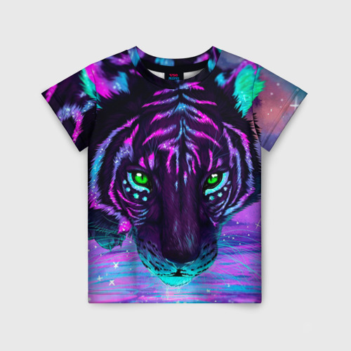 Детская футболка 3D с принтом Светящийся неоновый тигр, вид спереди #2