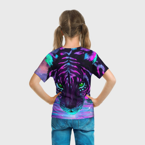 Детская футболка 3D с принтом Светящийся неоновый тигр, вид сзади #2
