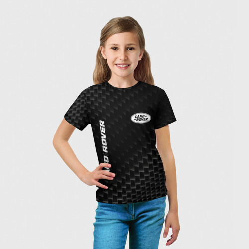 Детская футболка 3D с принтом Land Rover карбоновый фон, вид сбоку #3