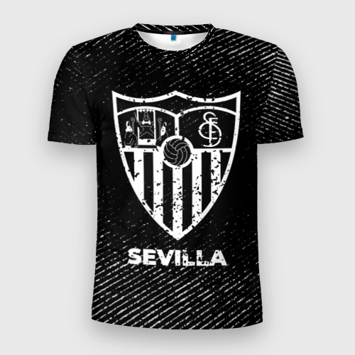 Мужская футболка 3D Slim с принтом Sevilla с потертостями на темном фоне, вид спереди #2