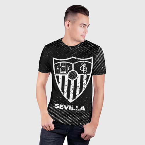 Мужская футболка 3D Slim с принтом Sevilla с потертостями на темном фоне, фото на моделе #1