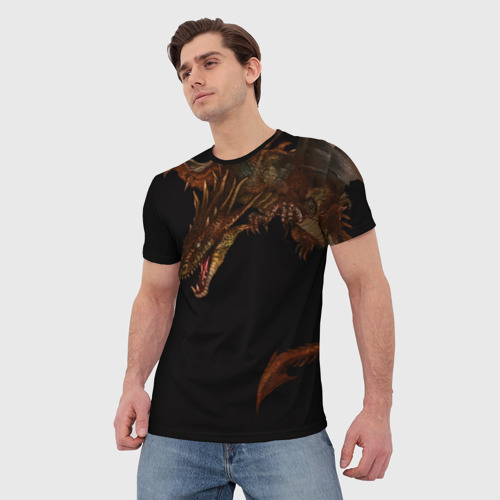 Мужская футболка 3D с принтом Летящий дракон в темноте, фото на моделе #1