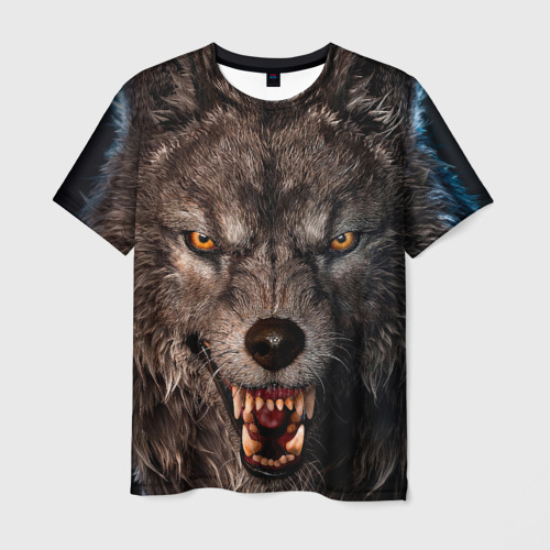 Мужская футболка 3D с принтом Морда злого волка, вид спереди #2