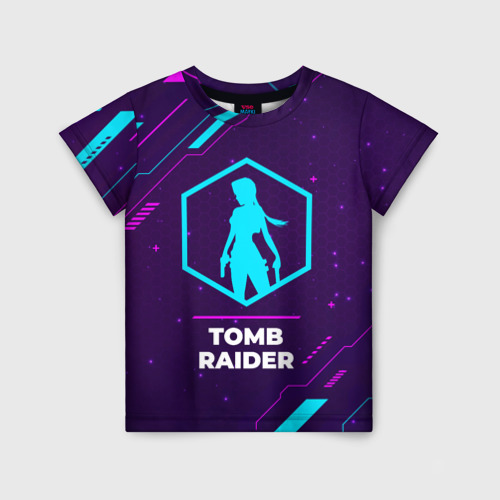 Детская 3D футболка с принтом Символ Tomb Raider в неоновых цветах на темном фоне, вид спереди #2