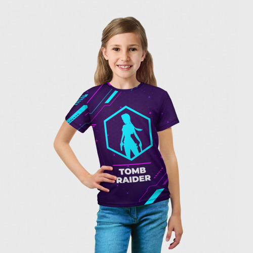 Детская 3D футболка с принтом Символ Tomb Raider в неоновых цветах на темном фоне, вид сбоку #3