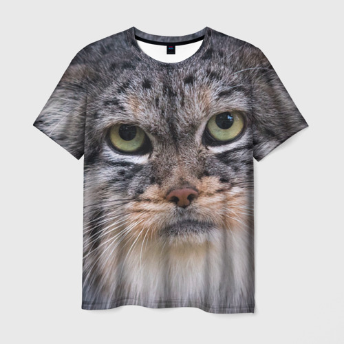 Мужская футболка 3D с принтом Дикий кот манул, вид спереди #2