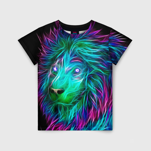 Детская футболка 3D с принтом Светящийся неоновый лев, вид спереди #2