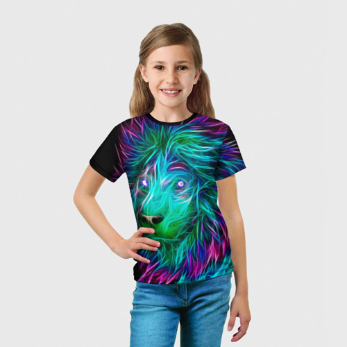 Детская футболка 3D с принтом Светящийся неоновый лев, вид сбоку #3