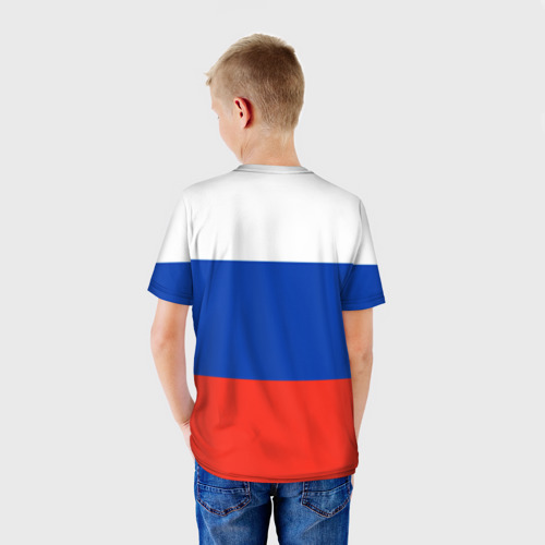 Детская футболка 3D с принтом Герб России на фоне флага, вид сзади #2