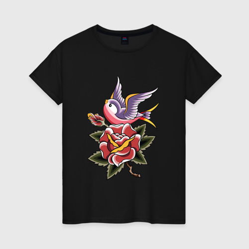 Женская футболка хлопок с принтом Птица с розой, вид спереди #2