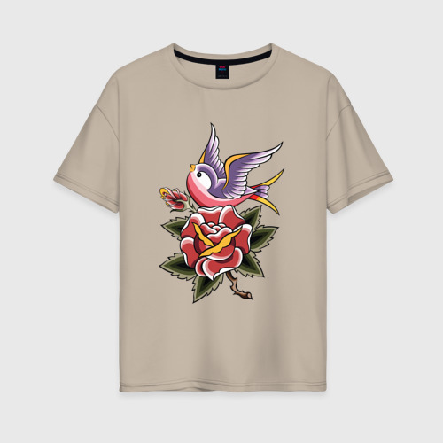 Женская футболка хлопок Oversize с принтом Птица с розой, вид спереди #2