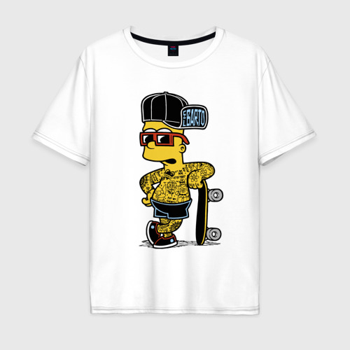 Мужская футболка хлопок Oversize с принтом Скейтер Барт Симпсон весь в татухах, вид спереди #2