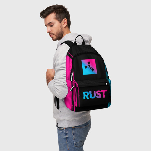 Рюкзак 3D с принтом Rust - neon gradient: символ сверху надпись снизу, фото на моделе #1