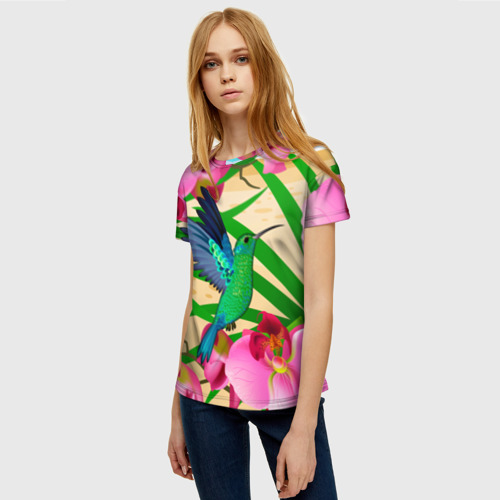 Женская футболка 3D с принтом Колибри и орхидеи, фото на моделе #1