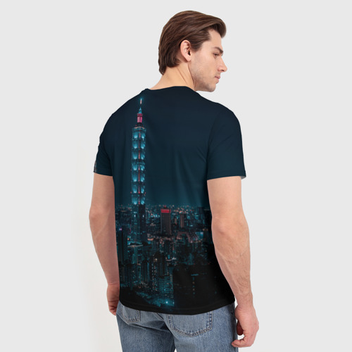 Мужская футболка 3D с принтом Ночной неоновый город, вид сзади #2