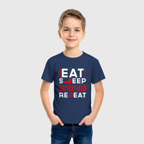 Детская футболка хлопок с принтом Надпись eat sleep Battlefield repeat, фото на моделе #1