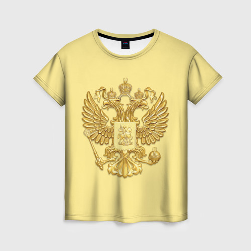 Женская футболка 3D с принтом Герб России - золото, вид спереди #2