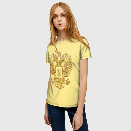 Женская футболка 3D с принтом Герб России - золото, фото на моделе #1