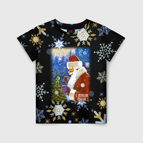 Детская футболка 3D с принтом Новый год дед мороз и птичка, вид спереди #2