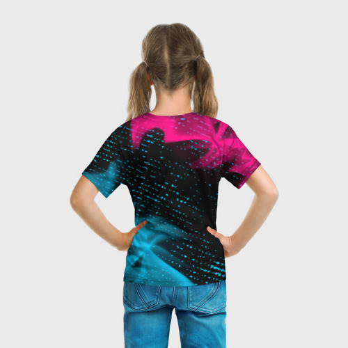 Детская 3D футболка с принтом Tomb Raider - neon gradient: надпись, символ, вид сзади #2