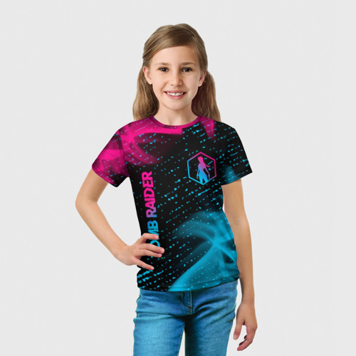 Детская 3D футболка с принтом Tomb Raider - neon gradient: надпись, символ, вид сбоку #3