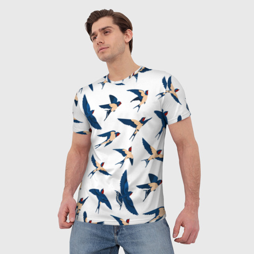 Мужская футболка 3D с принтом Ласточки парят в небе, фото на моделе #1