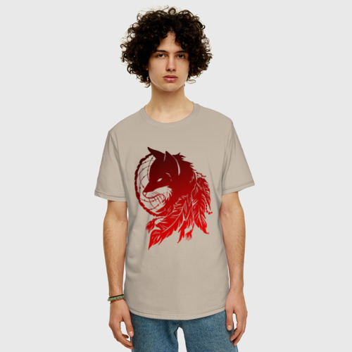 Мужская футболка хлопок Oversize с принтом Ловец снов и лис с перьями, фото на моделе #1